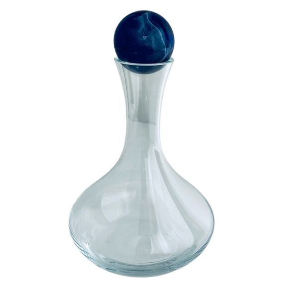 VTG Glass Wine DECANTER & MARBLE BALL STOP 8" Tall Clear Glass Blue Stone Ball - Picture 1 of 8